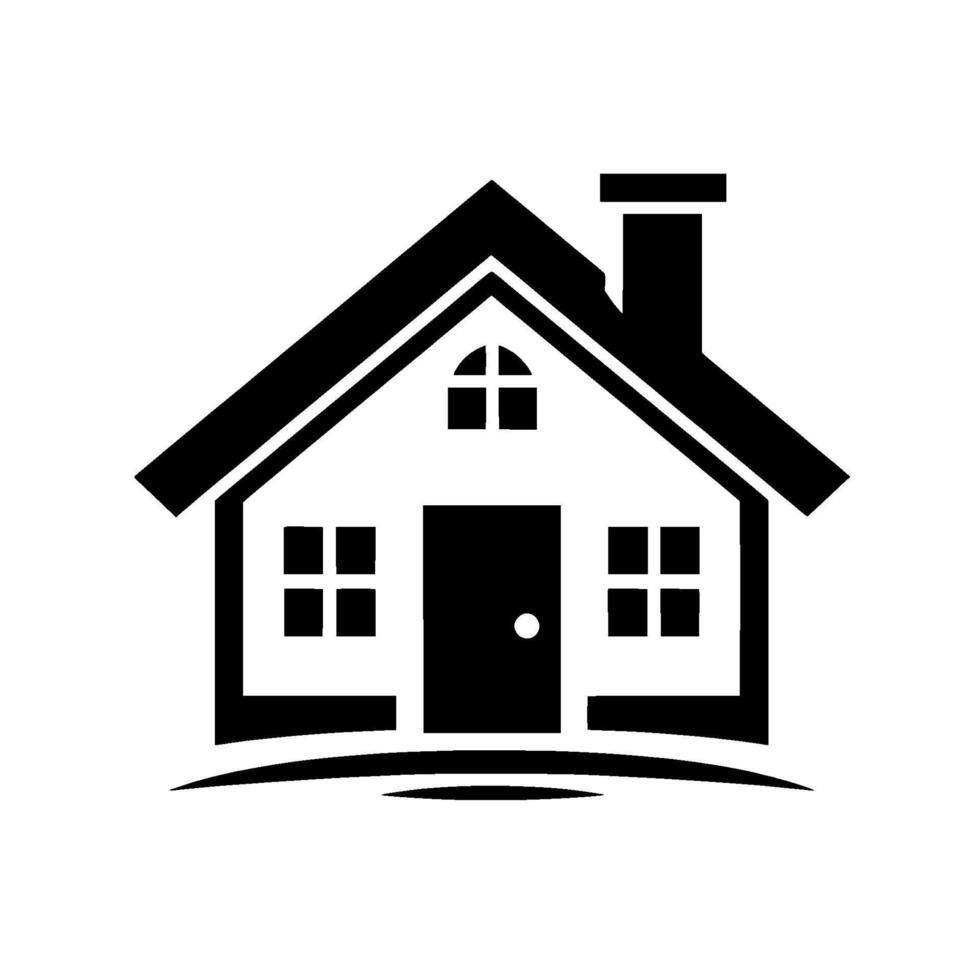 illustration of a stylized black and white house silhouette, featuring a pitched roof, chimney, door, and window elements on a white background. vector