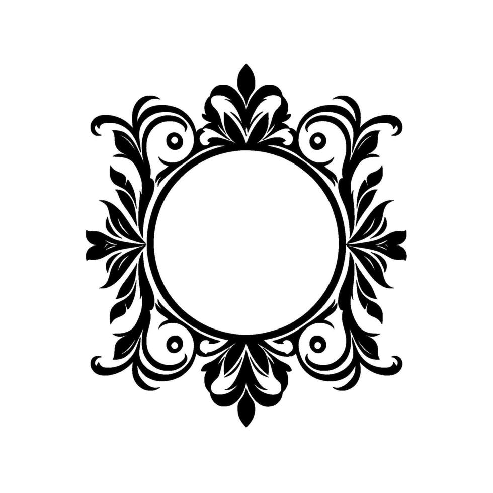 Intricate Black Floral Crest with Central Circular Void, Featuring Ornate Leaves and Spirals, Against a White Background. vector