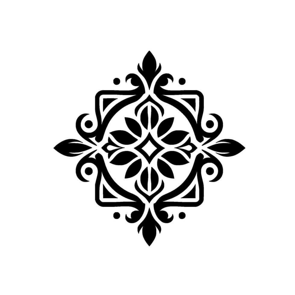 Symmetrical Black and White Floral Ornament with Geometric Shapes and Intricate Details, Isolated on White. vector