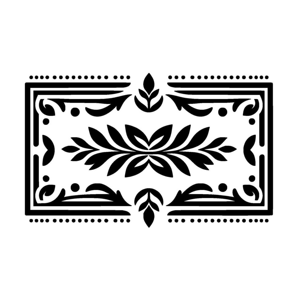 Intricate Black and White Floral Inside a Rectangular Border, Featuring Symmetrical Leaves and Decorative Elements. vector