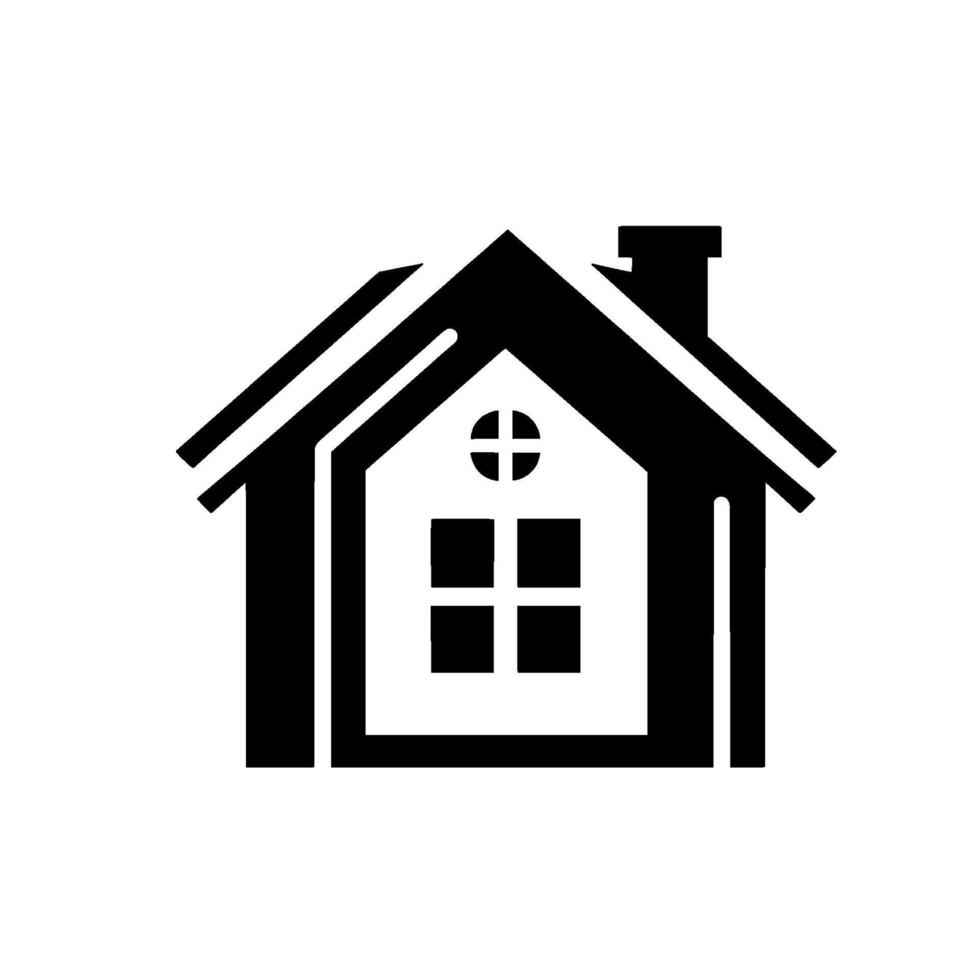 Minimalist Black and White House Silhouette A Geometric Abode with Simple Lines, Cross Window, and Chimney, Symbolizing Home. vector