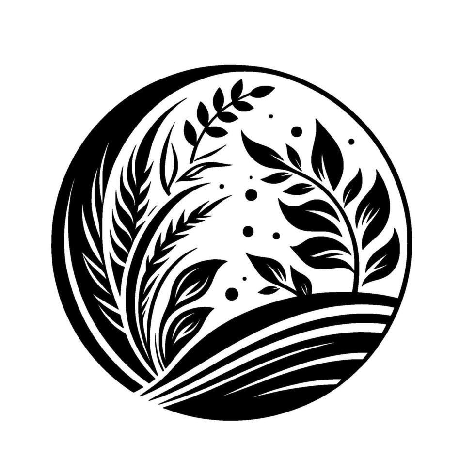 Elegant Black and White Circular Illustration A stylized botanical scene with foliage and grains, forming a harmonious within a circle. vector