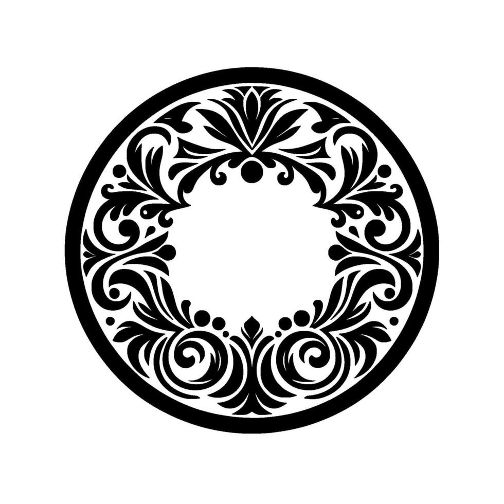 Elegant Circular Black and White Decorative Featuring Intricate Floral and Scrollwork Patterns, with a Central Empty Space, Ideal for Logos or Embellishments. vector