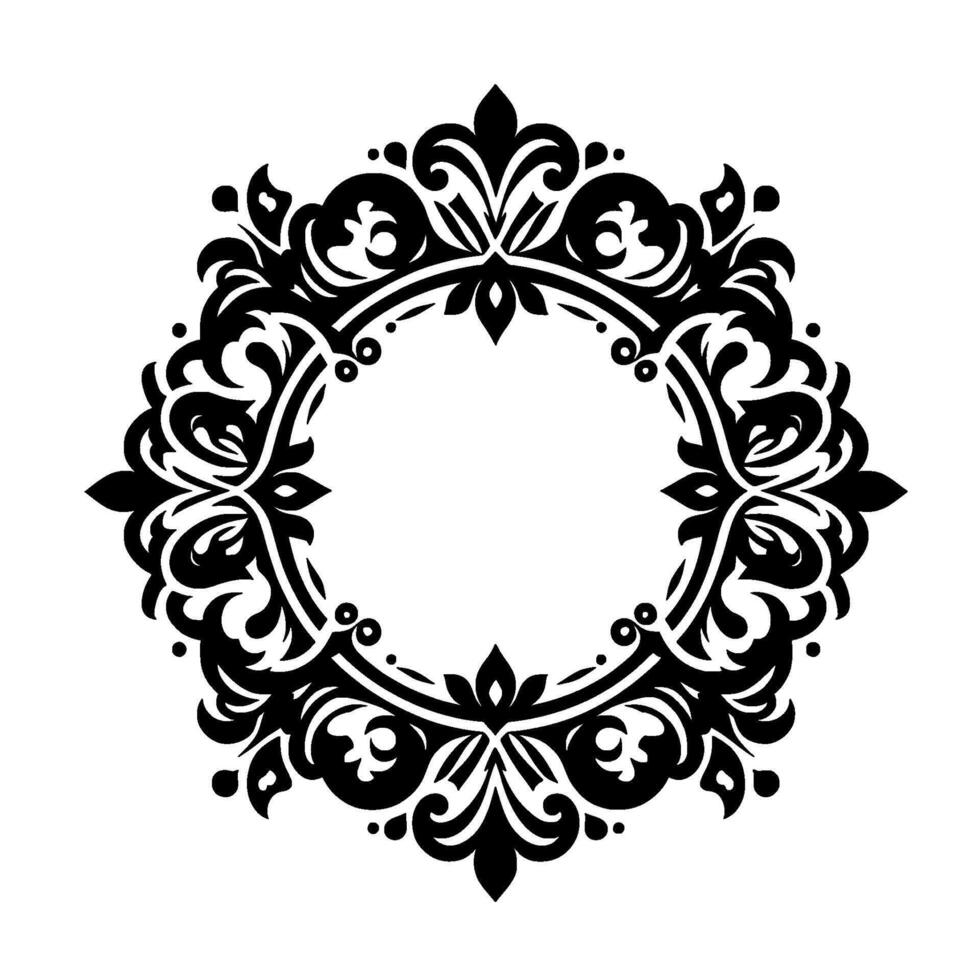 Intricate Black and White Circular Ornamental with Floral and Swirl Motifs, Ideal for Decorative Framing and Elegant Branding. vector