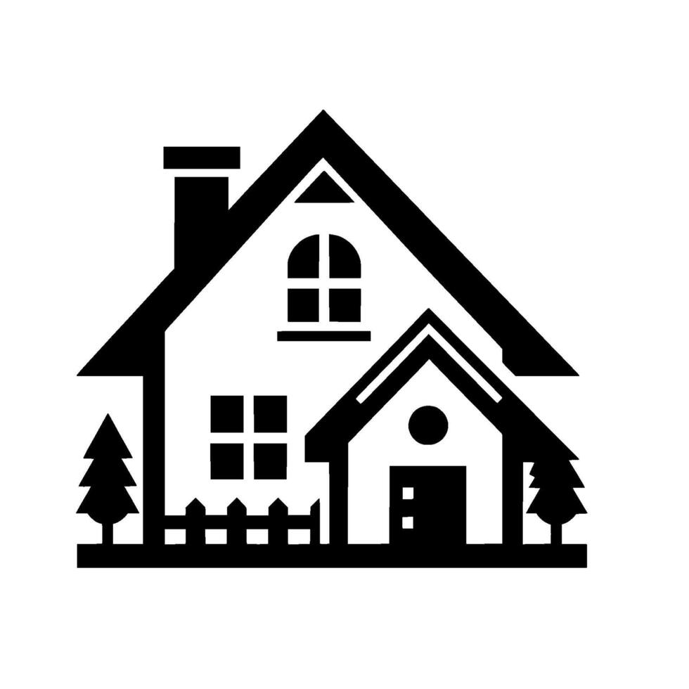 Simple, symmetrical, monochrome illustration of a charming house with a chimney, trees, and a fence, evoking a sense of home. vector