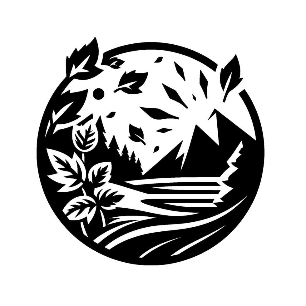 A stylized black and white round illustration, showcasing a landscape within a circle, mountains, trees, water, and falling leaves. vector