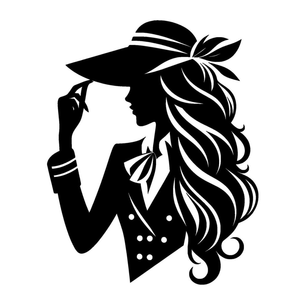 Elegant Silhouette A woman in a widebrimmed hat, blazer, and flowing hair, set against a clean white backdrop. vector