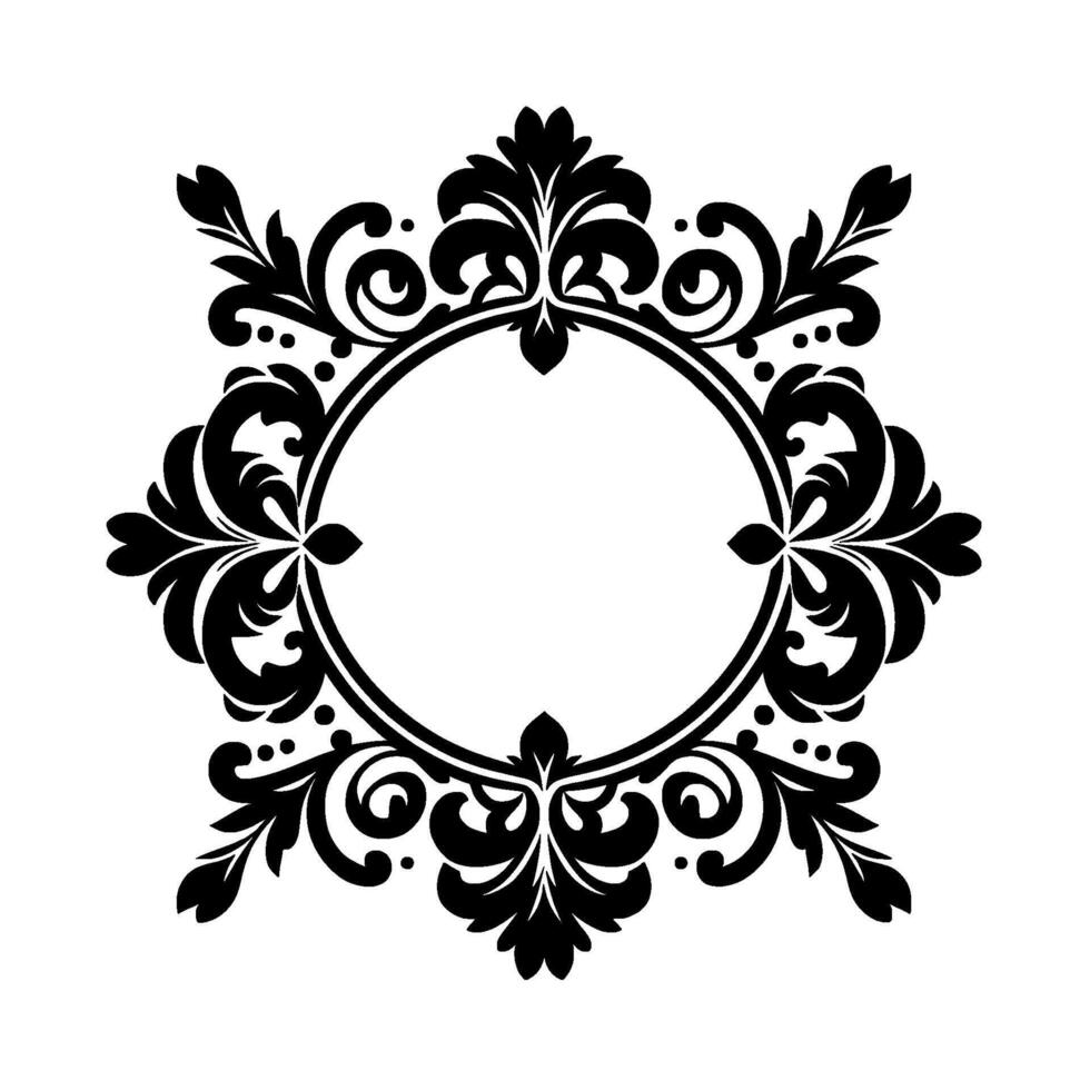 Intricate Black Floral Frame Elegant, symmetrical, ornamental featuring a circular interior, surrounded by detailed floral motifs, curls, and dots on a white background. vector