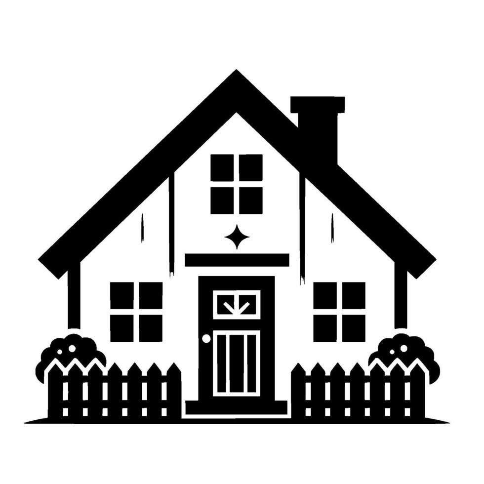 Minimalist Black and White Illustration of a Classic House with Gable Roof, Chimney, Windows, Door, Star, Fence, and Bushes, Set Against White. vector