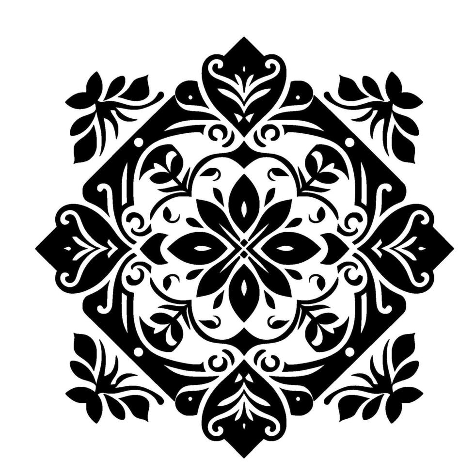 Symmetrical Black and White Floral Mandala with Intricate Foliage and Geometric Elements, Perfect for Pattern Making vector