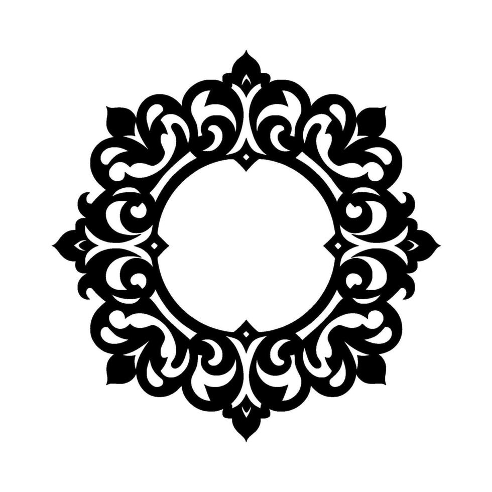 Elegant Black White Circular Ornamental Frame with Scrolling Flourishes and Detailed Filigree, centered on a plain white background. vector