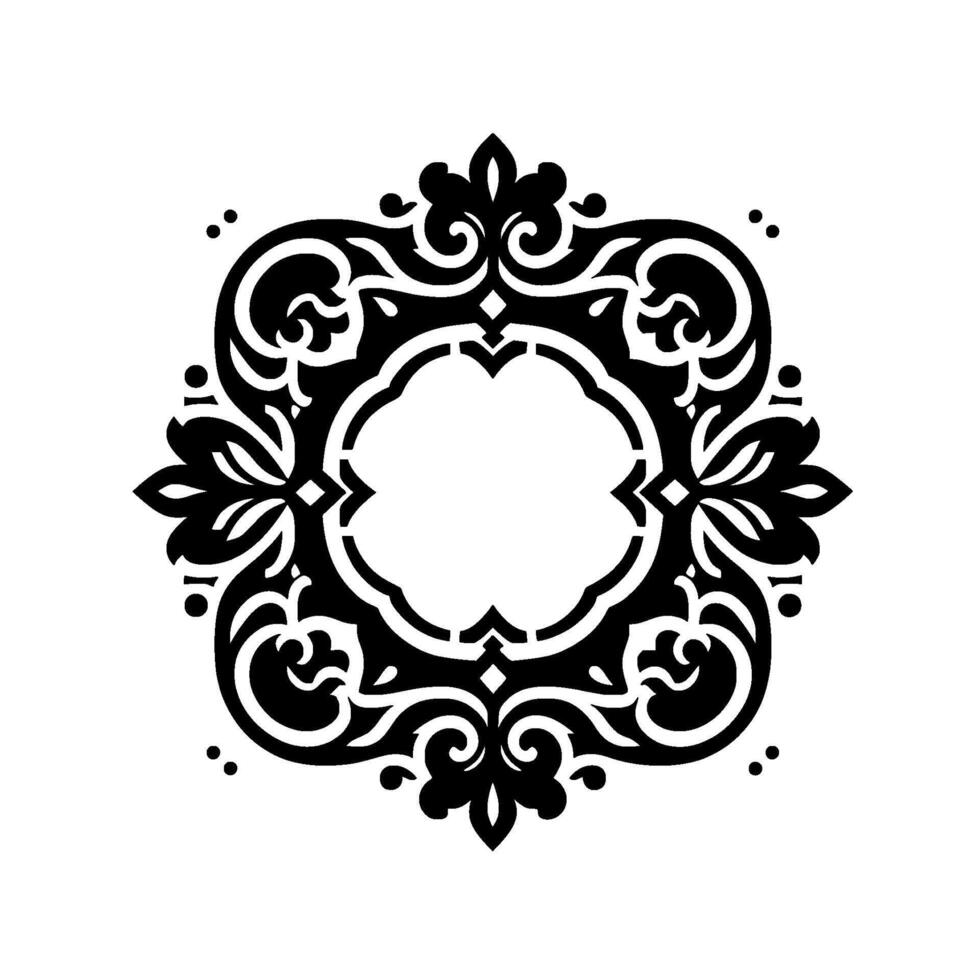 Intricate Black and White Ornamental A symmetrical floral pattern, reminiscent of vintage aesthetics, with a blank central space, set against a clean white backdrop. vector