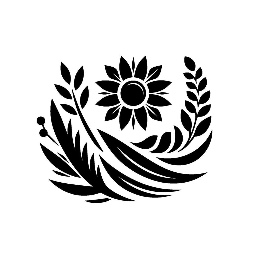 Elegant Black and White Floral with a Sunflower Center and Leafy Accents, Minimalist and Symbolic. vector