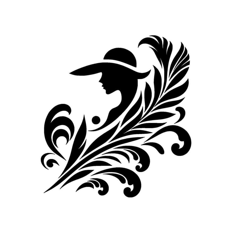Elegant Silhouette of a Woman in a Hat, Framed by Ornate Floral and Leaf Patterns in High Contrast Monochrome. vector