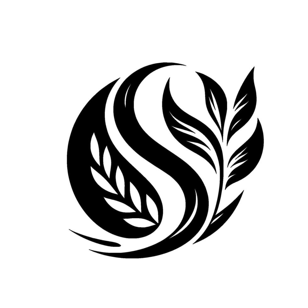 Elegant black and white floral featuring stylized leaves and a circular shape, evoking natural serenity and harmony. vector