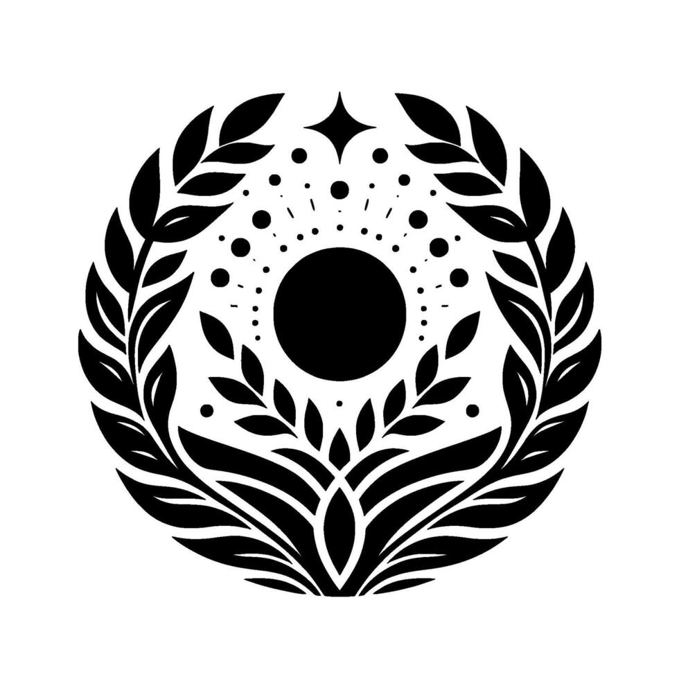 A symmetrical black and white circular showcasing a central sunlike orb surrounded by leafy branches, dots, and a star on a clean white background. vector