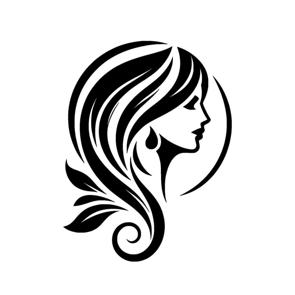 Elegant Black and White Silhouette of a Woman with Flowing Hair, adorned with Leafy Accents, in a Minimalist . vector