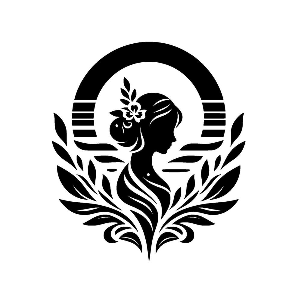 A serene, stylized silhouette of a woman with floral hair and leaf accents framed by a geometric arch, exuding elegance. vector