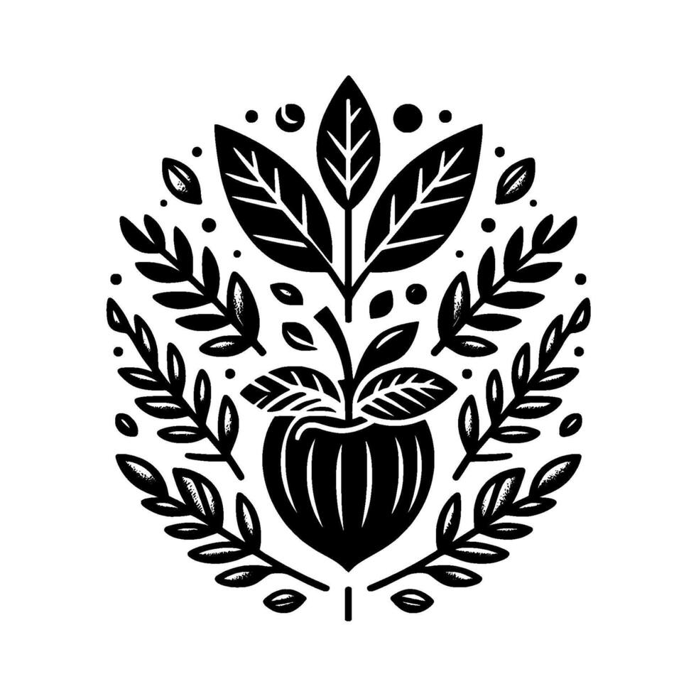 Symmetrical Black White Botanical Illustration Central fruit with radiating leaves, decorative sprigs, and dots, evoking natures harmony. vector