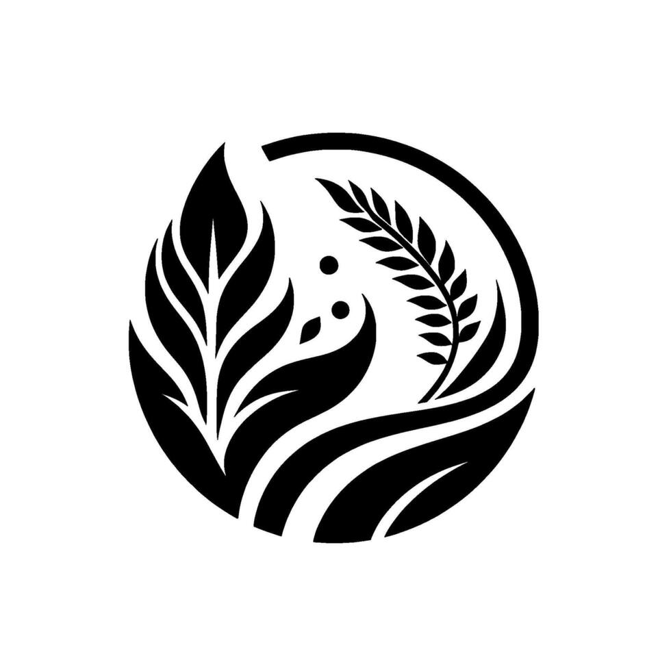 Stylized Black and White Featuring Leafy Botanical Elements Enclosed within a Circle, Evoking Natural Elegance and Simplicity. vector