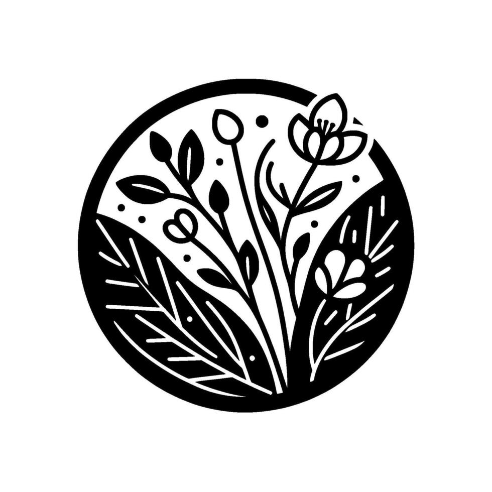Monochromatic Floral Illustration A detailed circular of stylized flowers, leaves, and buds, rendered in stark black and white contrast. vector
