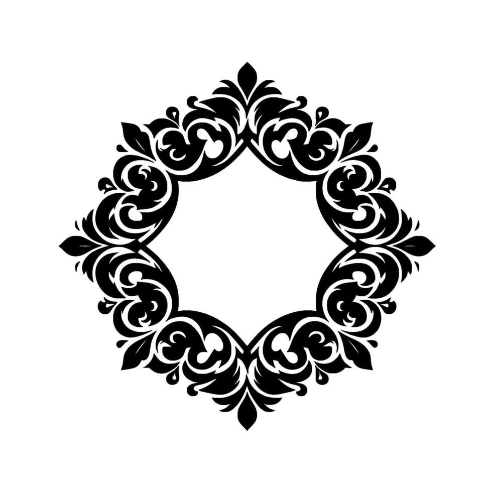 Ornate Black and White Baroque Frame with Symmetrical Floral and Foliage Elements. vector