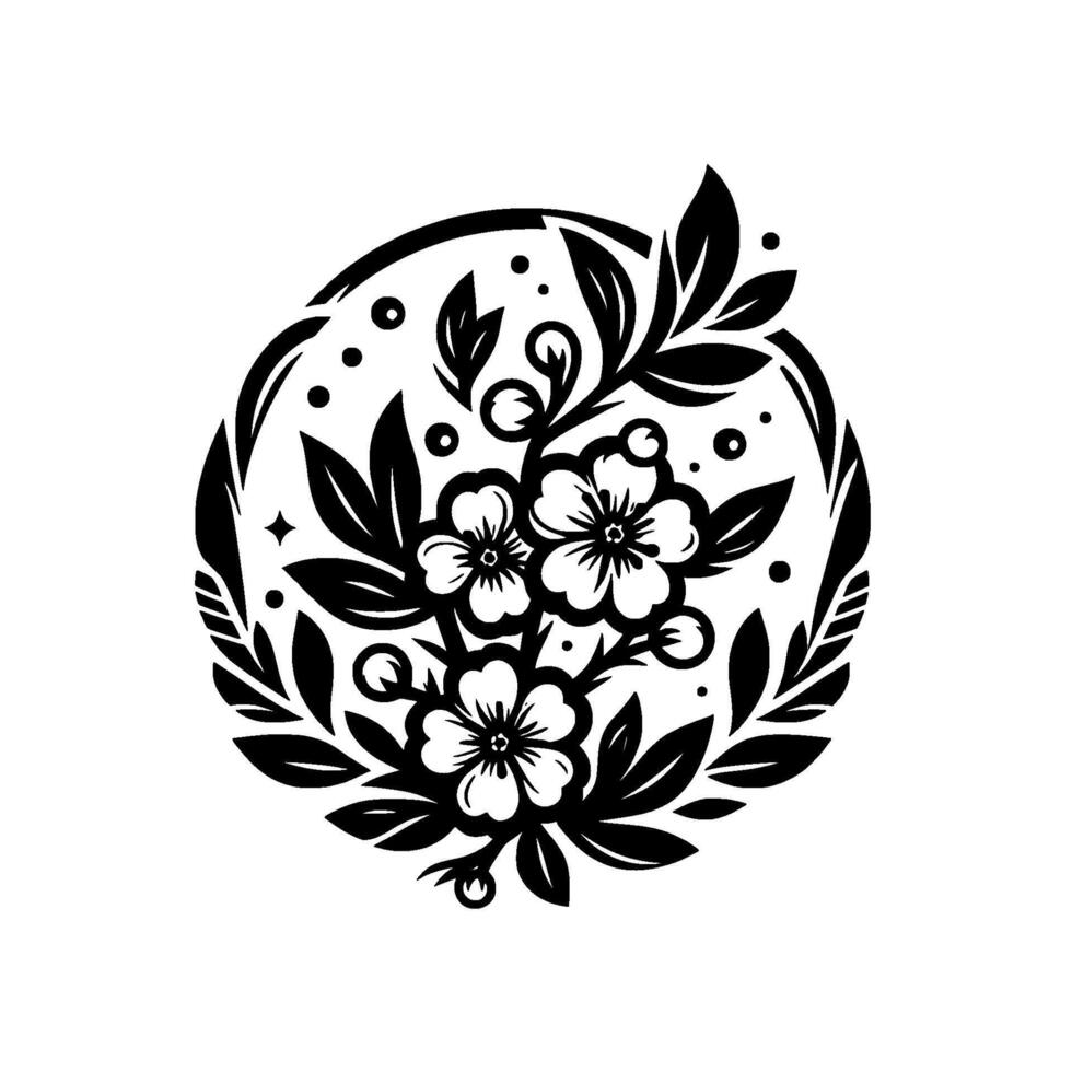 An elegant, blackandwhite floral emblem, showcasing stylized blossoms, leaves, and flourishes within a circular frame, evoking a sense of delicate beauty and natural harmony. vector