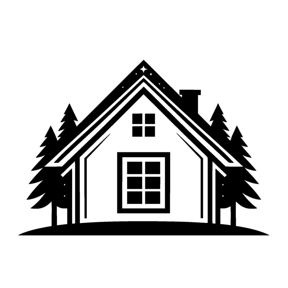Minimalist Black and White Cabin Silhouette with Pine Trees and a Starry Night Roof, Capturing Serene Wilderness Appeal. vector