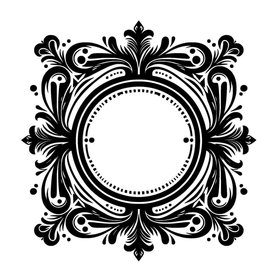 Ornate Black and White Circular Frame with Floral and Geometric Elements, Suitable for Invitations, Logos, and Decorative vector