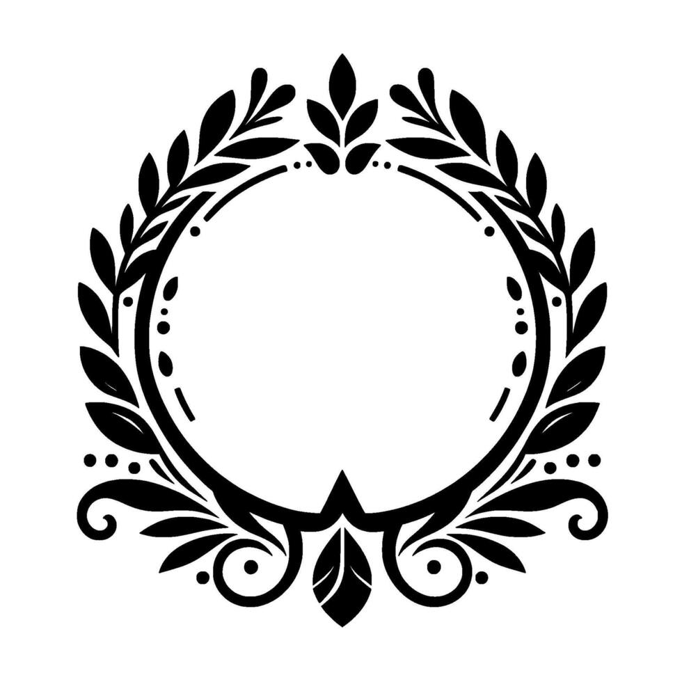Elegant black and white circular floral frame with stylized leaves and decorative flourishes, creating a sophisticated element. vector