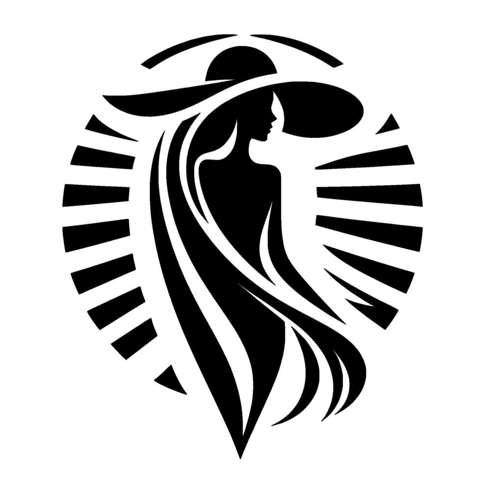 Silhouette of a fashionable woman in a widebrimmed hat, with flowing hair, within a stylized sunburst , rendered in black and white. vector