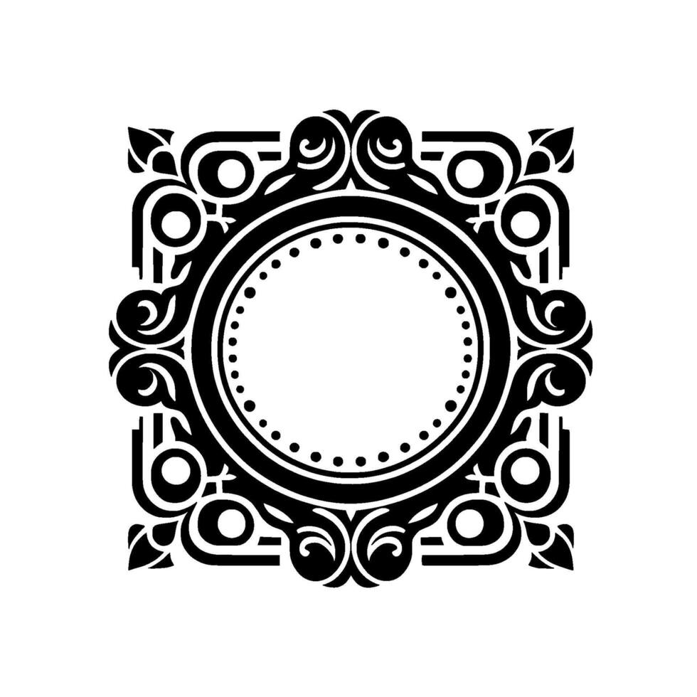 Intricate black and white circular ornamental with a central circle containing dots and surrounded by symmetrical floral and geometric elements, set against a white backdrop. vector