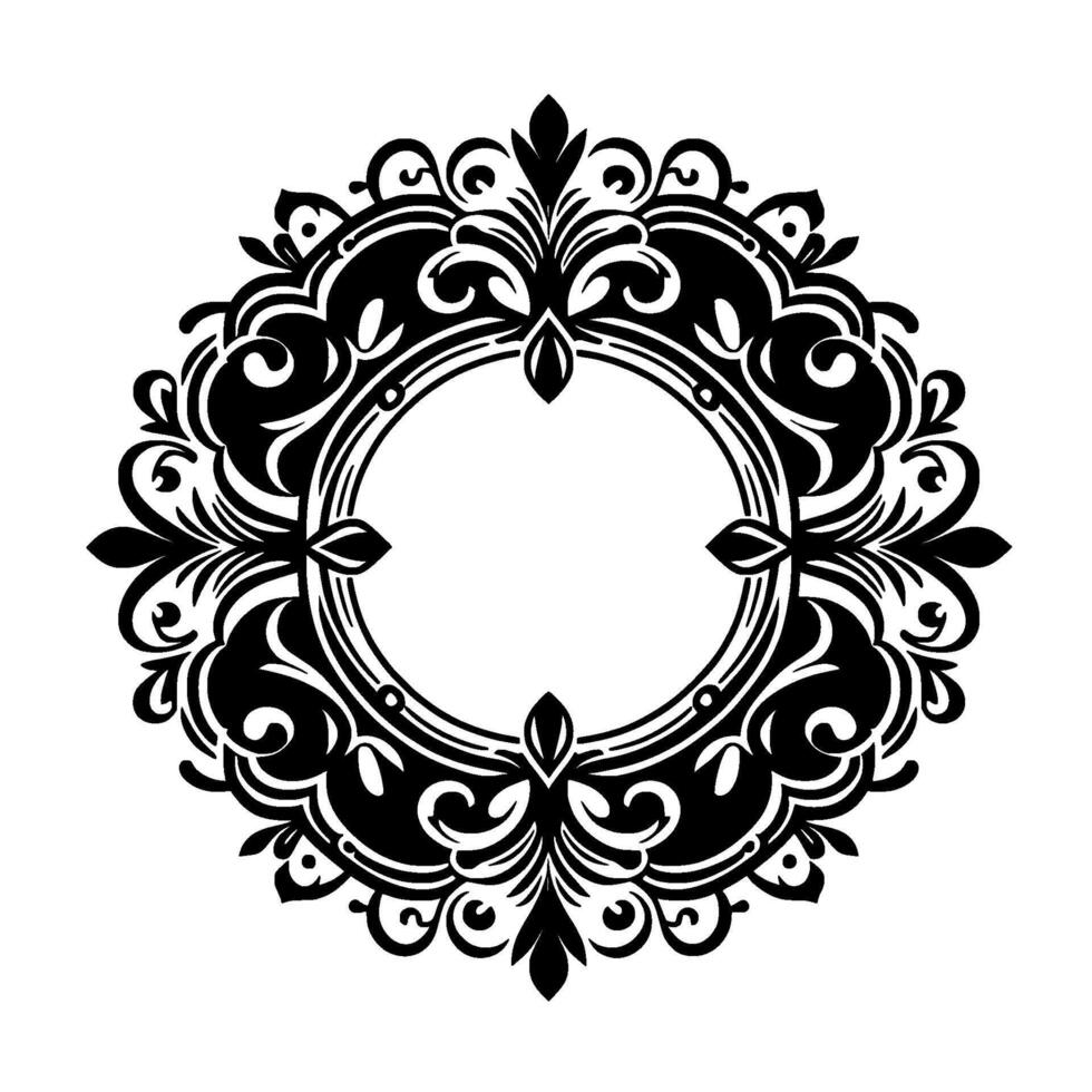 Intricate Black and White Circular Floral Ornament with Symmetrical Scrollwork Frame and White Center, Decorative Flourish. vector