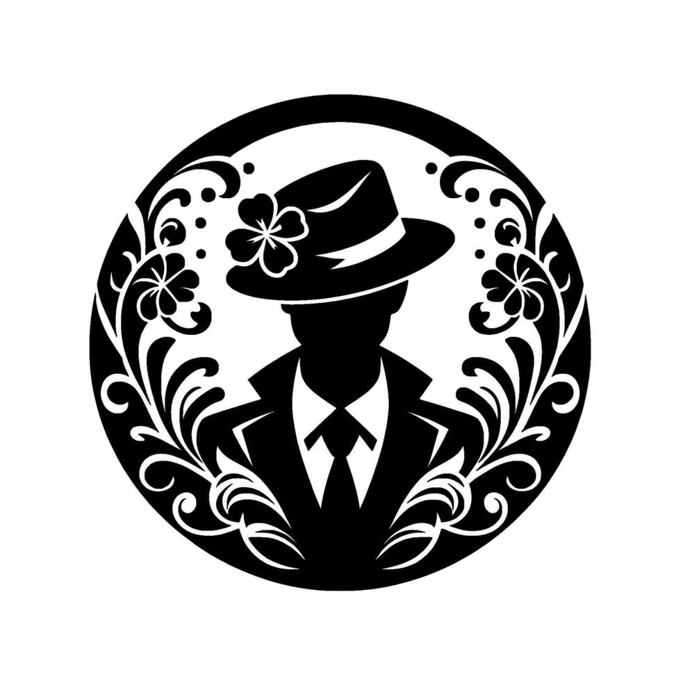 Silhouette of a dapper gentleman in a fedora adorned with a clover, surrounded by a floral wreath in a minimalist, black and white , within a circular frame. vector