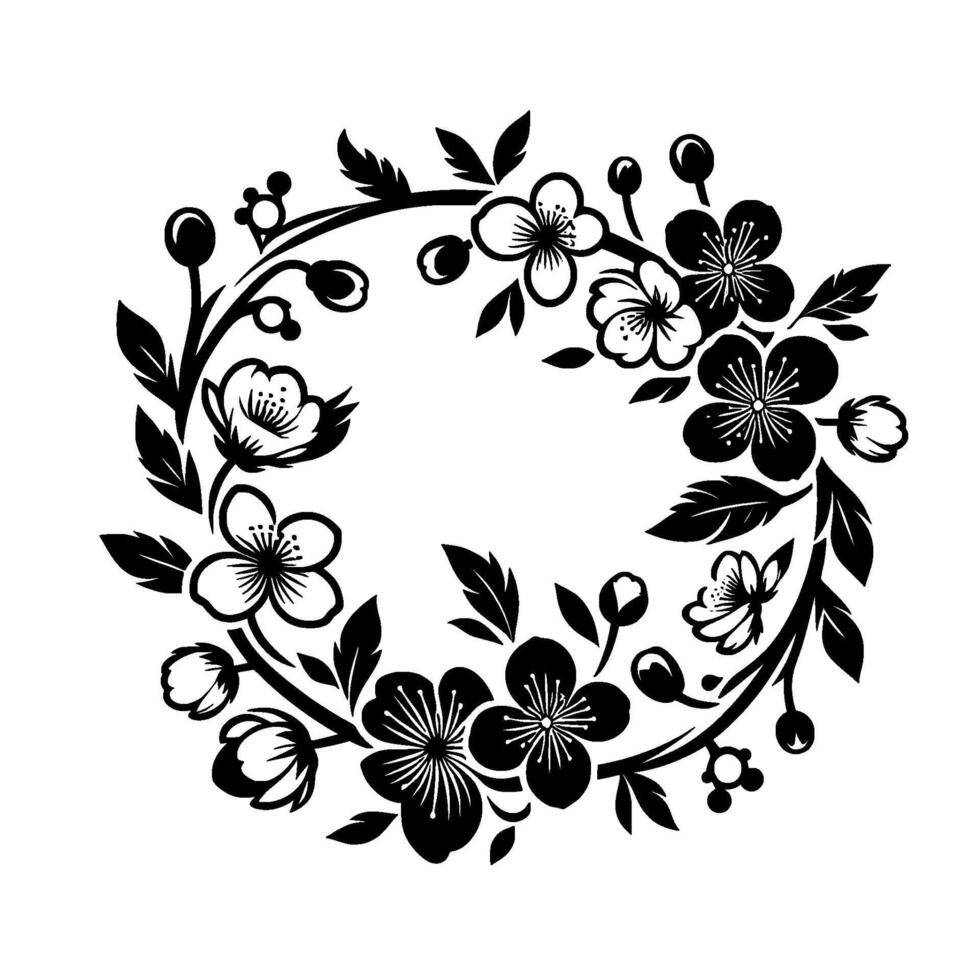Intricate Black and White Floral Wreath Illustration Featuring Cherry Blossoms, Budding Stems, and Leafy Accents on a Plain White Background, Symbolizing Springs Arrival. vector