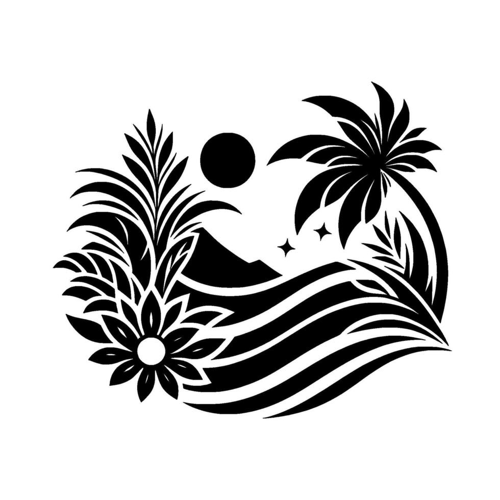 A stylized tropical landscape illustration with sun, palm tree, mountains, flowing water, floral elements, and stars, rendered in a bold black and white . vector