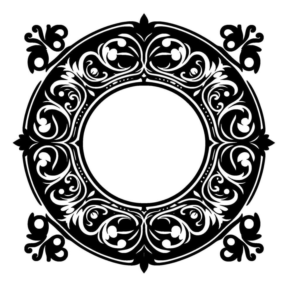 Ornate Black and White Circular Frame with Floral and Swirl Designs, a Symmetrical Decorative Border. vector