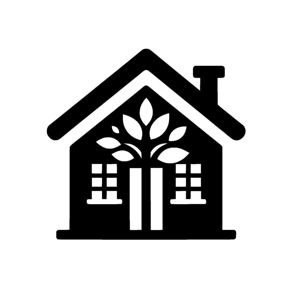 A stylized black and white house featuring a tree growing within, representing a blend of nature and home, with minimalist . vector