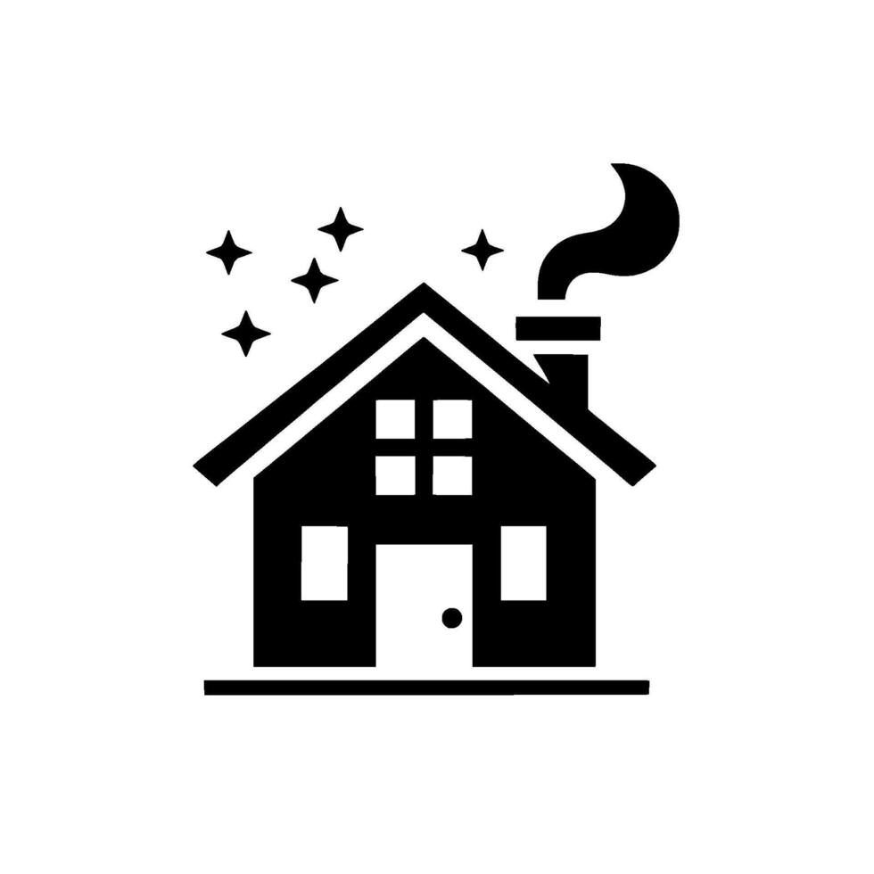 A minimalist black and white illustration of a house with chimney smoke, stars, and a clean, simple aesthetic on a white background. vector