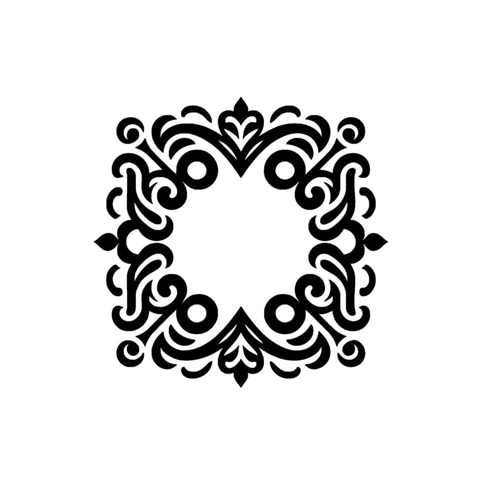 Ornate Black and White Square Frame with Symmetrical Swirls and Floral Elements, Centering a Blank Space, Isolated on White Background. vector