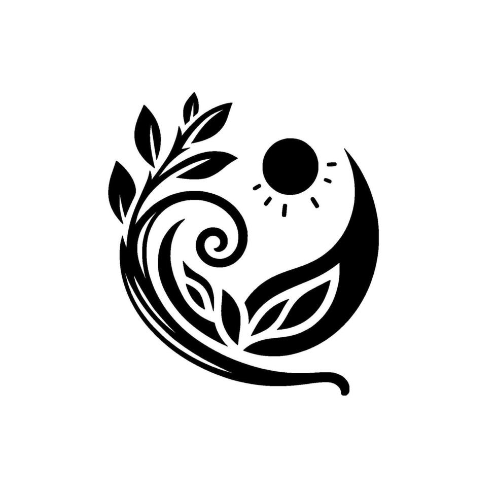 A stylized black and white floral emblem with swirling elements, leaves, and a sun symbol, suggesting nature and harmony against a bright white background. vector