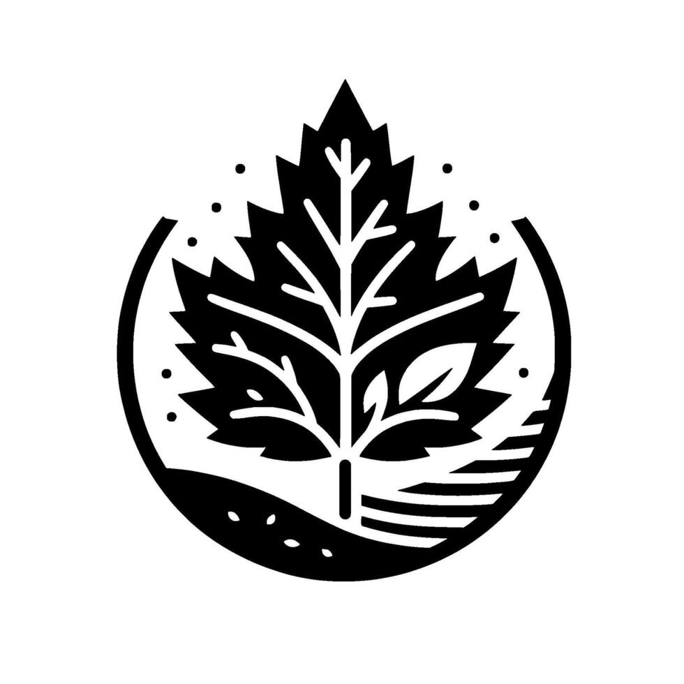 A stylized, monochromatic illustration of a leaf within a circle, depicting a minimalist nature scene with dots and lines. vector