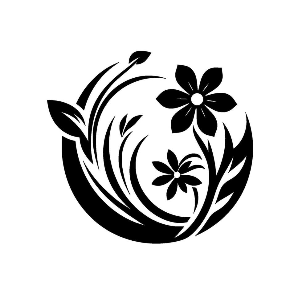 Minimalist Black and White Floral Emblem Two Flowers and Leafy Swirls Enclosed Within a Circular Silhouette, Evoking Natures Elegance. vector