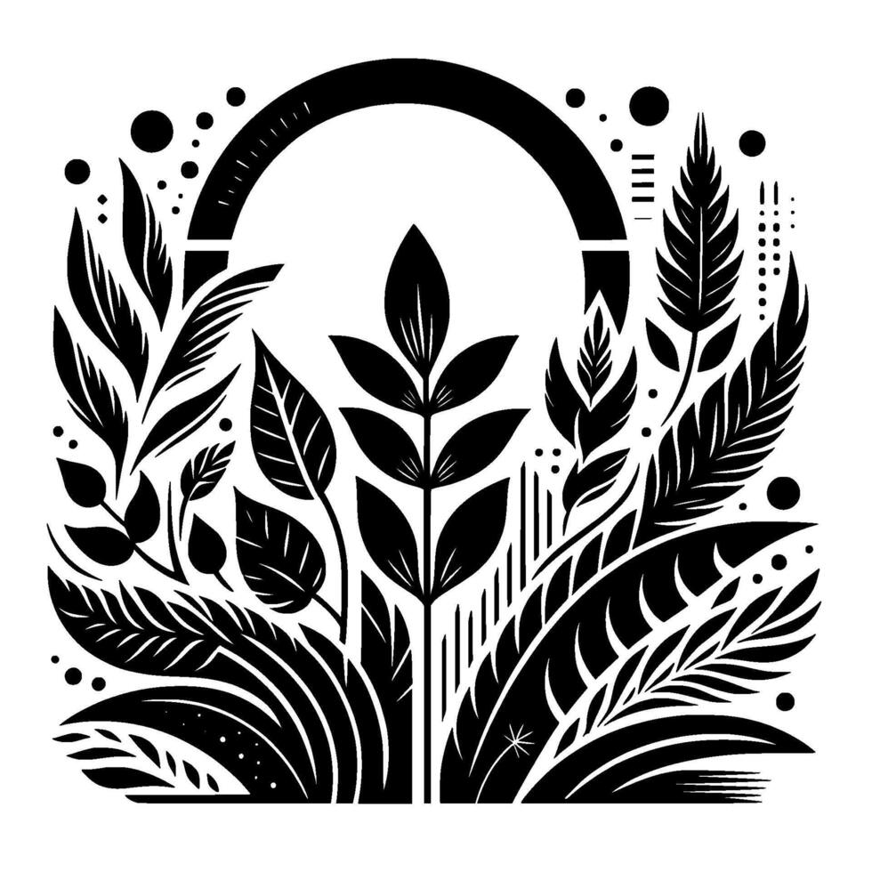 An abstract, monochrome composition featuring stylized leaves, ferns, and floral elements arranged in a circular with a central stem, symbolizing natures harmony. vector