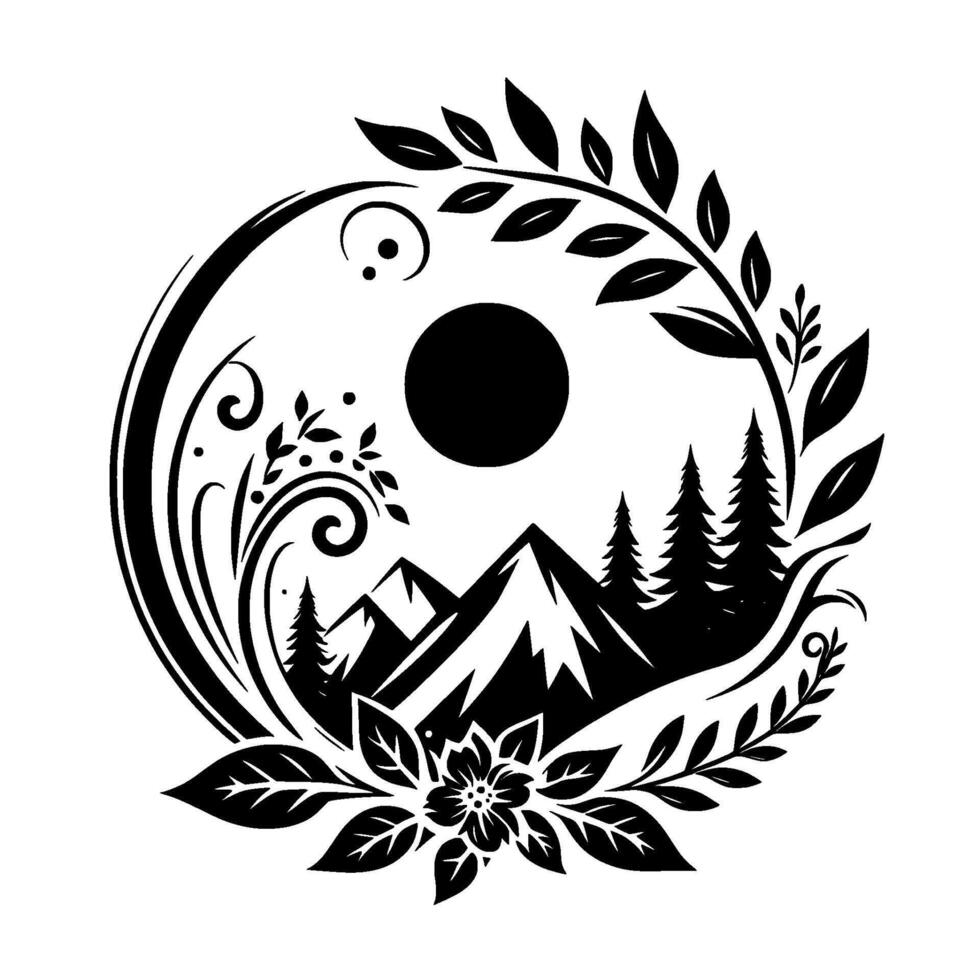 Stylized circular nature scene featuring mountains, trees, a sun, floral and foliage embellishments in black and white. vector