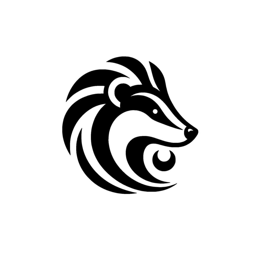 Stylized badger profile, rendered in black and white with a minimalist, geometric and a focus on flowing, curved lines, creating a modern, emblemlike image. vector