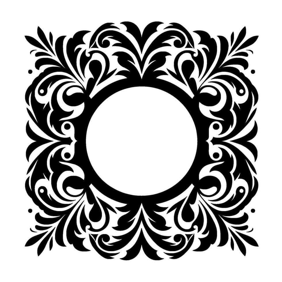 Intricate Black and White Ornate Floral Frame Centered Around a Blank Circle, Emphasizing Symmetry and Elegant Details. vector