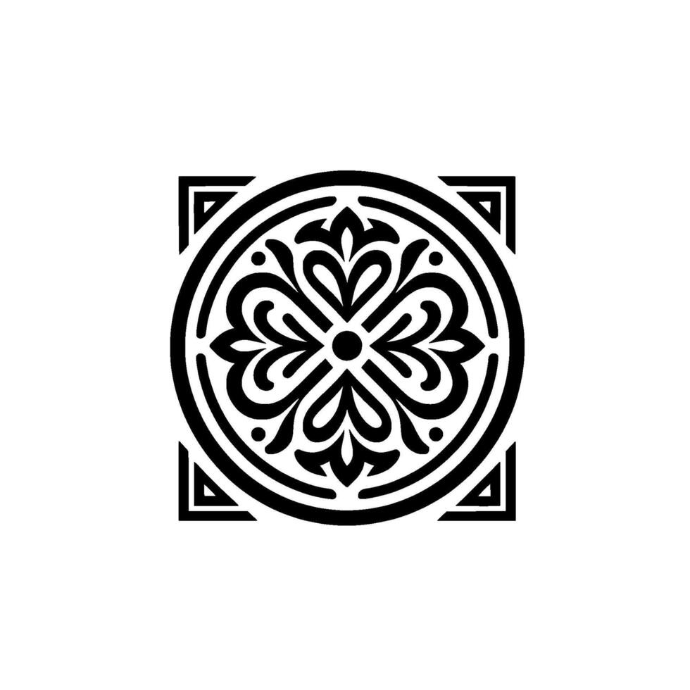Symmetrical floral mandala , black and white, within a square frame, intricate linework, centered on a white background. vector
