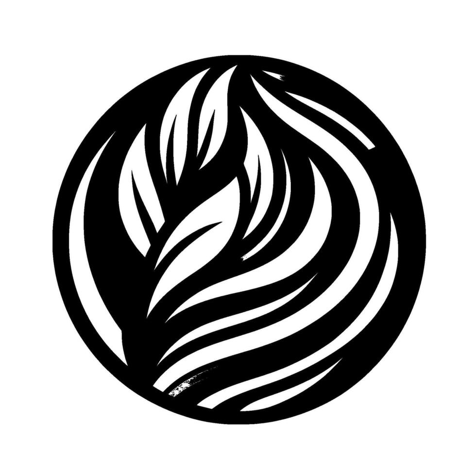 A stylized, minimalist black and white featuring a central cluster of leaves and swirling organic shapes within a circular frame, evoking nature and balance. vector