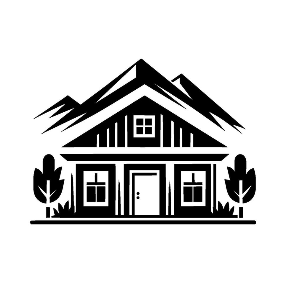 Simplified Black and White Illustration A Cabin with Mountains and Trees, Evoking a Sense of Wilderness and Rustic Charm. vector